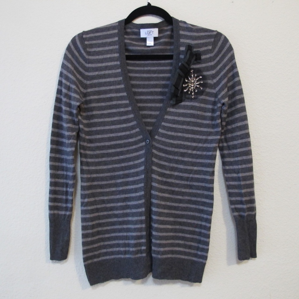 LOFT Gray Stripes Cardigan